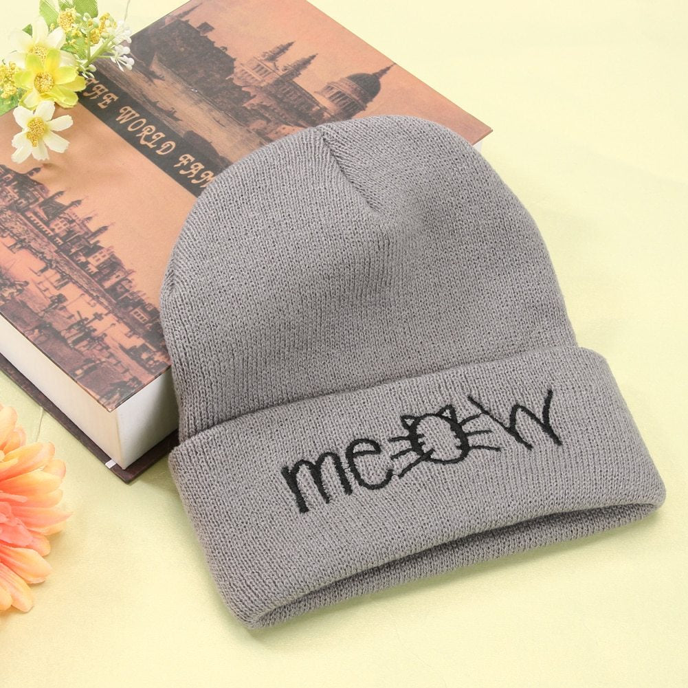 Knitted Beanie Unisex Casual Hip Hop Meow Embroidery Winter Hat
