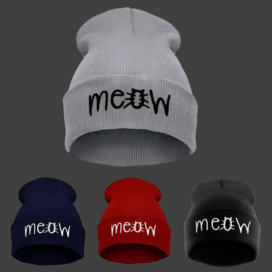 Knitted Beanie Unisex Casual Hip Hop Meow Embroidery Winter Hat