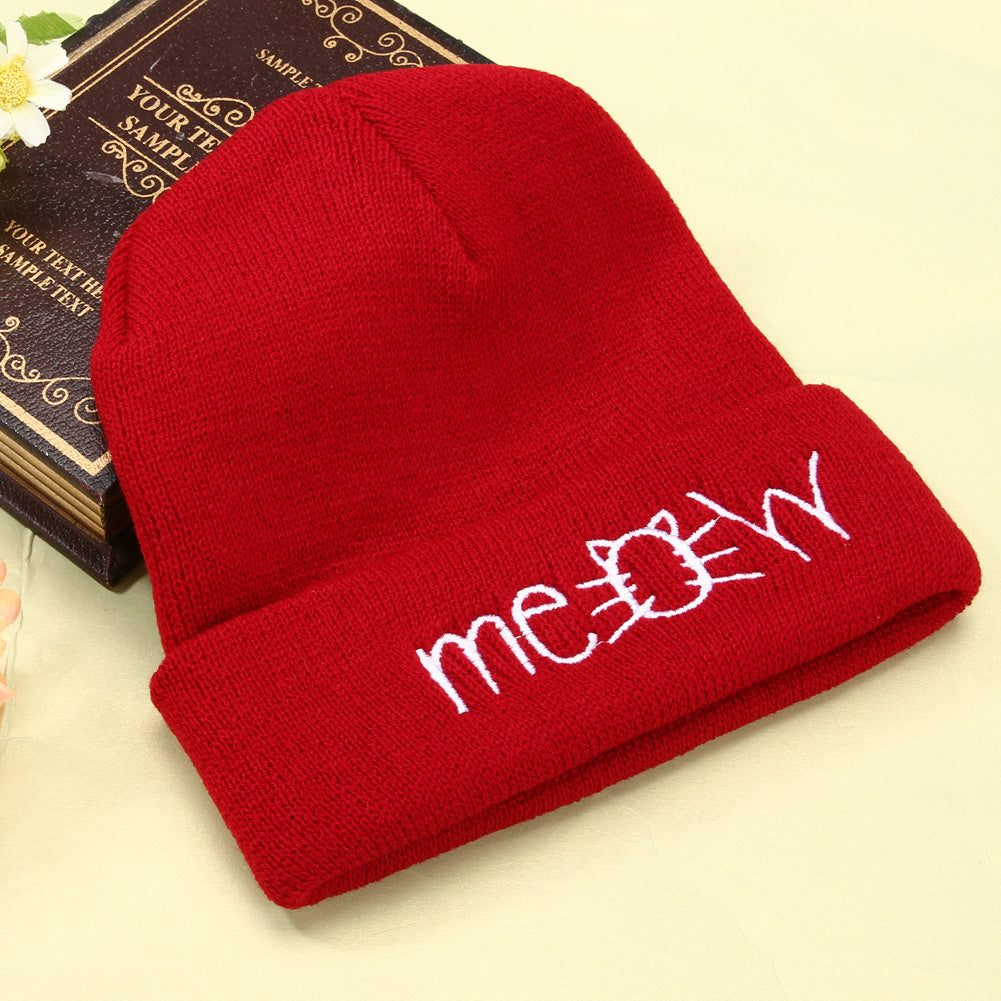Knitted Beanie Unisex Casual Hip Hop Meow Embroidery Winter Hat